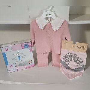 NWT Infant Girl (8 piece SET) Outfit, Bibs, Swaddles